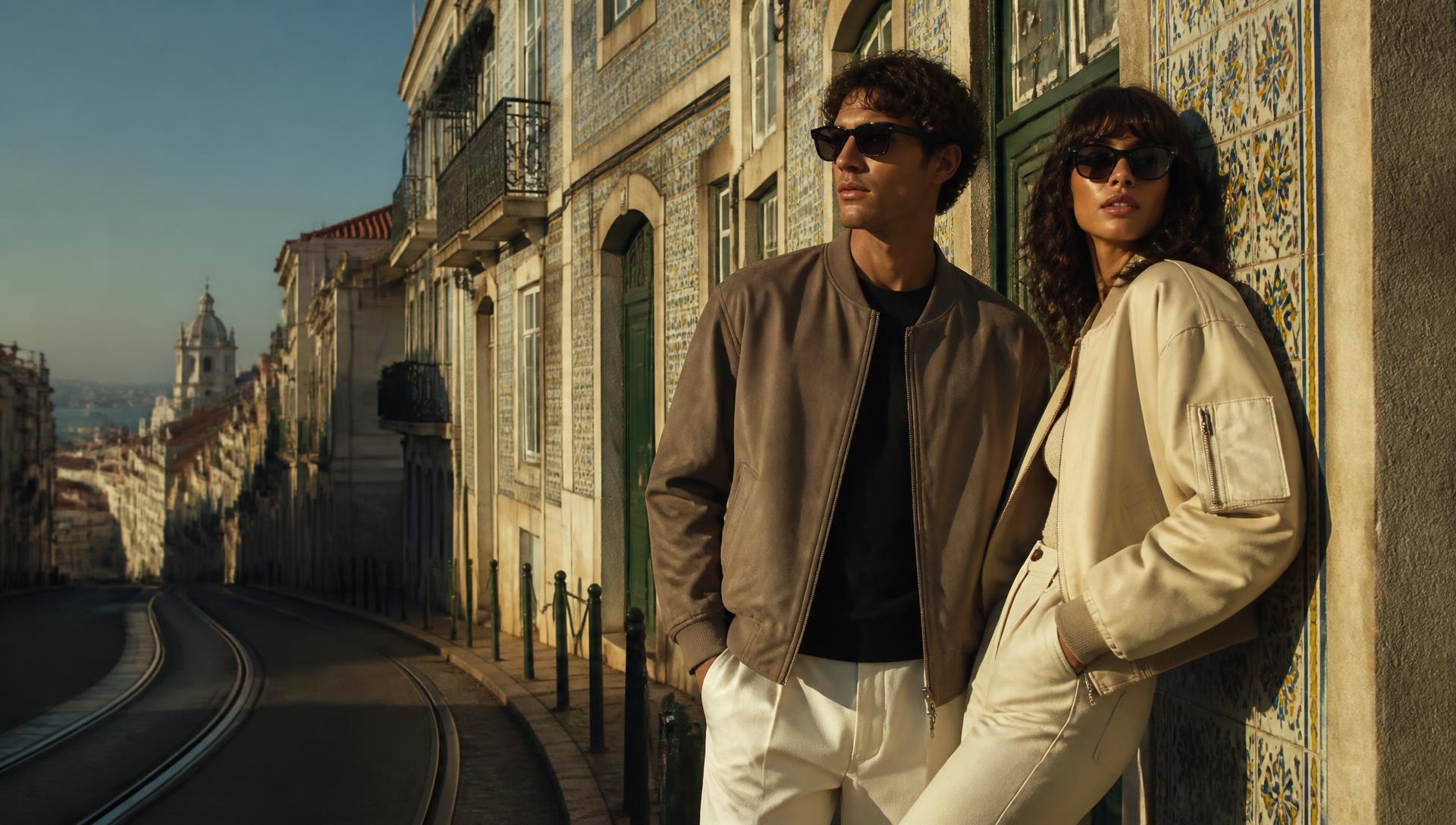 Casal com looks contemporâneos numa rua de Lisboa